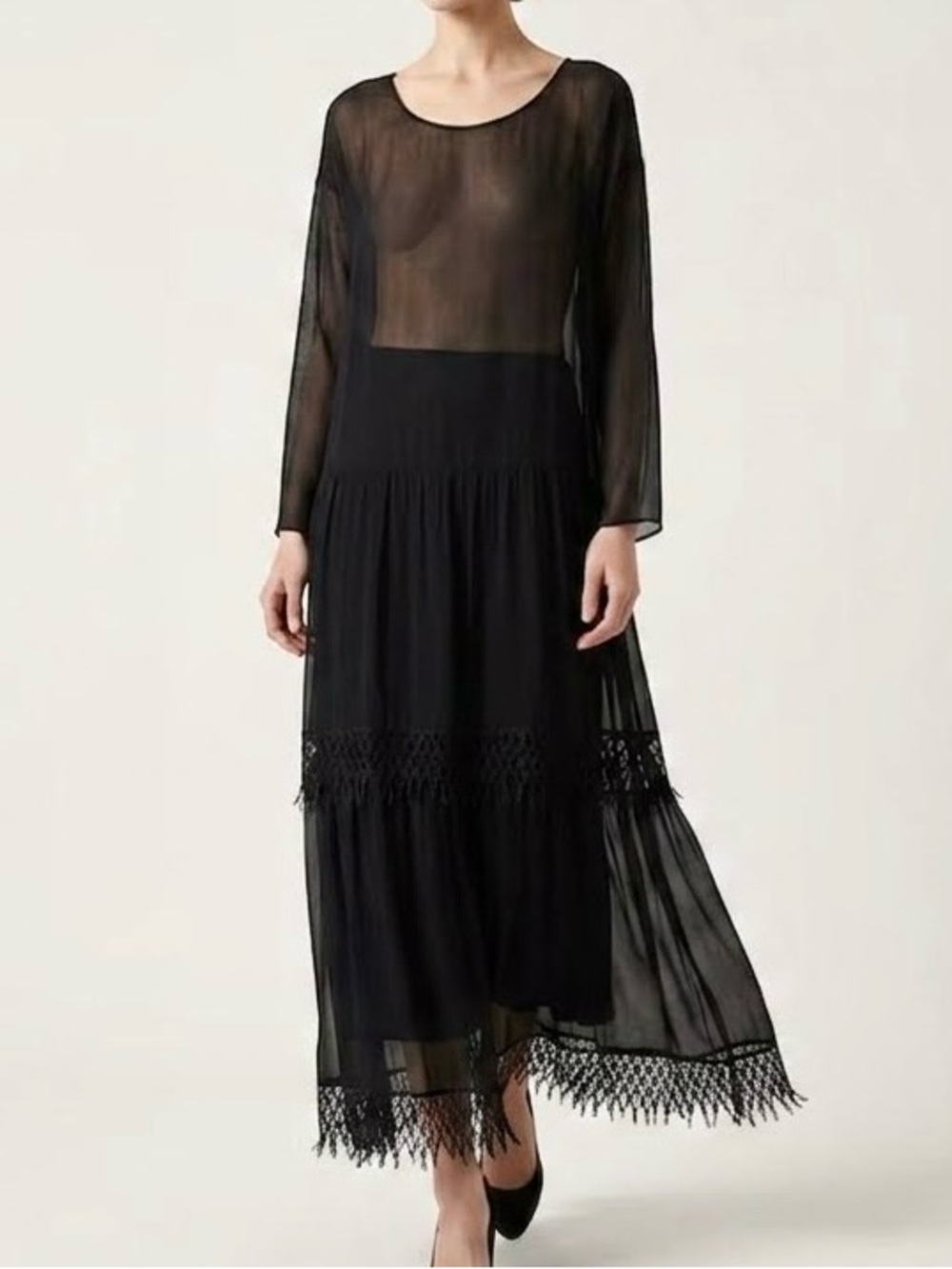 Vintage Black Sheer Tiered Maxi Dress Loose Fit Goth Witchy Lace Fringe Size M